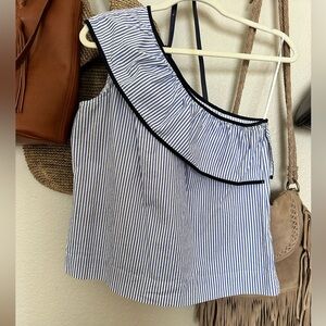 J. Crew Blue and White Striped one shoulder Top